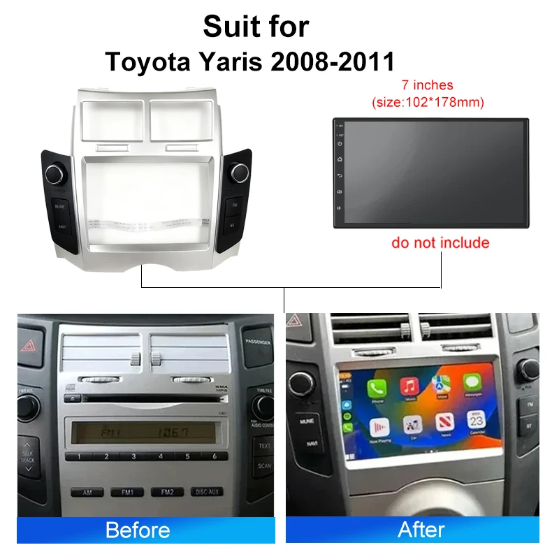 Android Car Radio Installation Fascia Frame For Toyota Yaris 2008-2011 2din stereo Panel Dash Mount Kit wire harness cable