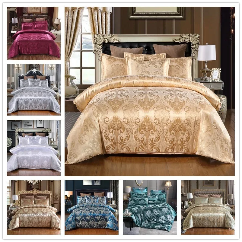 

Satin Jacquard Bedding Set Luxury Solid European Style 2/3 Pieces Duvet Cover Pillowcases with Zipper for Queen King Bed Size