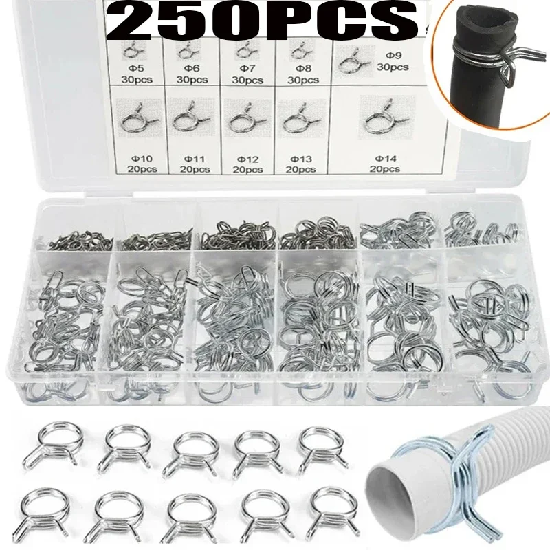 

250Pcs 5mm-14mm Hose Clamp Zinc Plated Spring Clips Gear Hose Fuel Line Clamp for Boats Motorcycles