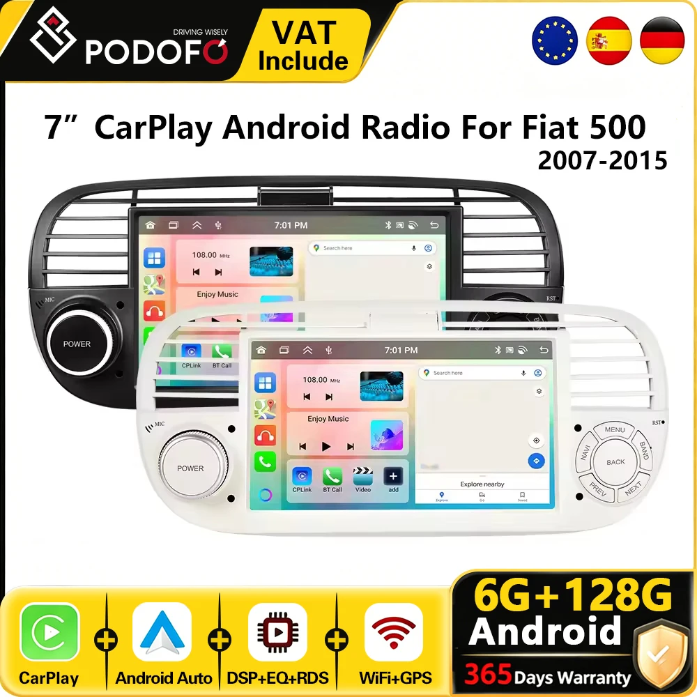 Podofo 7" CarPlay Autoradio Android pour Fiat 500 2007-2015 Système intelligent de voiture 2din Récepteur stéréo GPS FM RDS Autoradio Tableau de bord Navigation Lecteur multimédia de voiture