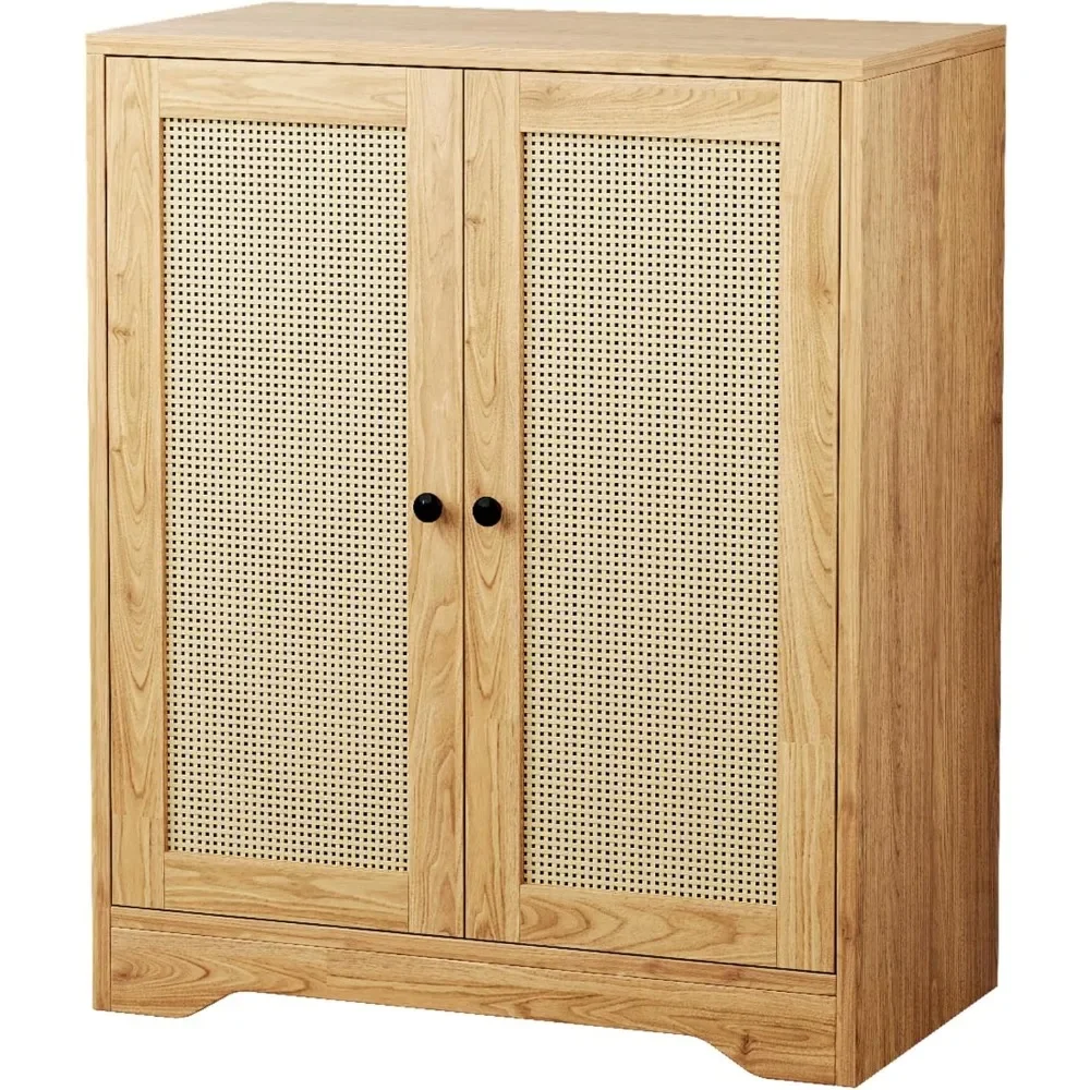 Sideboard - Kitchen Buffet Cabinet with Rattan Decorated Doors, 4 Doors Accent Sideboard Cabinet