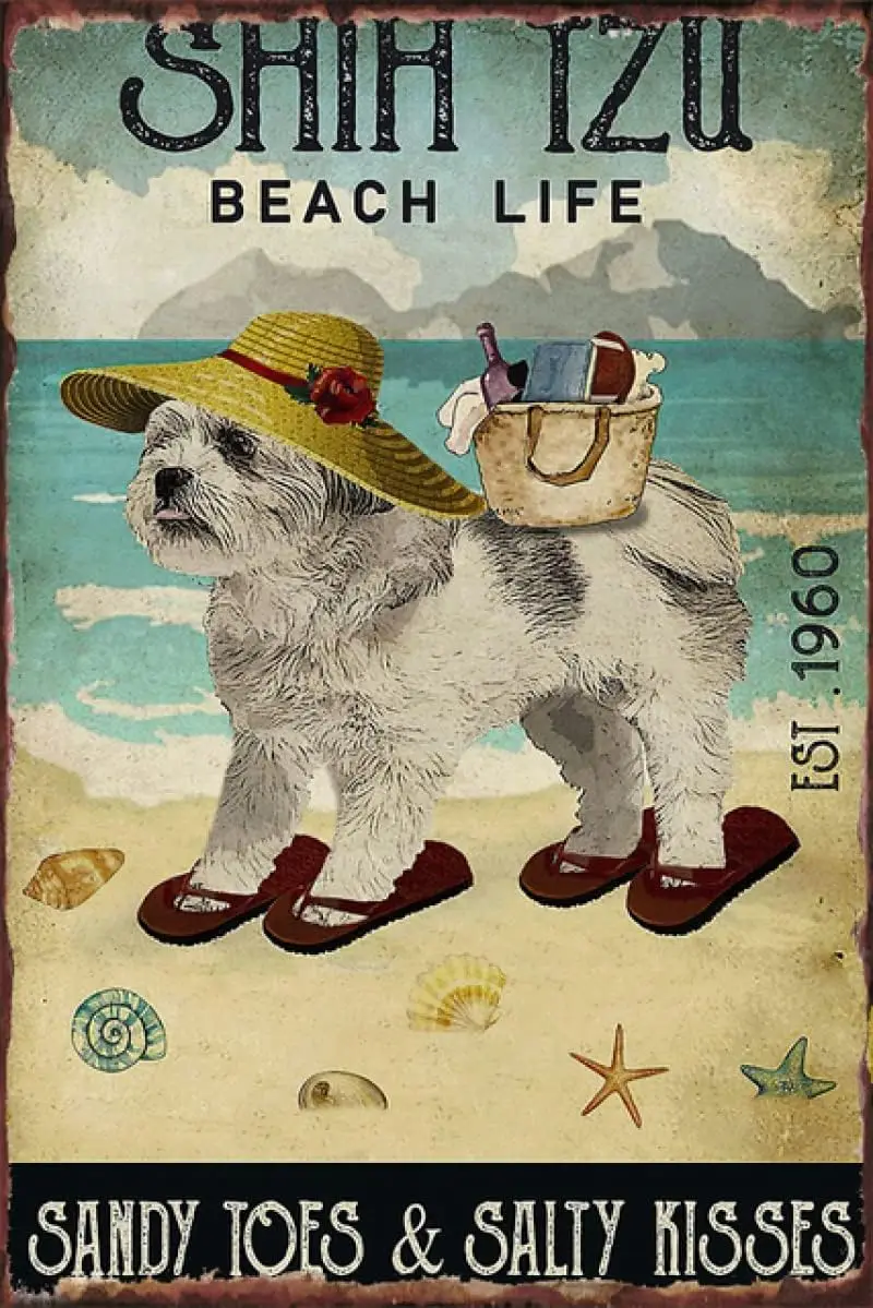 Shih Tzu In Flip Flops Metal Tin Signs Shih Tzu Beach Life Retro Posters Beach Club Summer Wall Art Decor Home Bar Beach House P