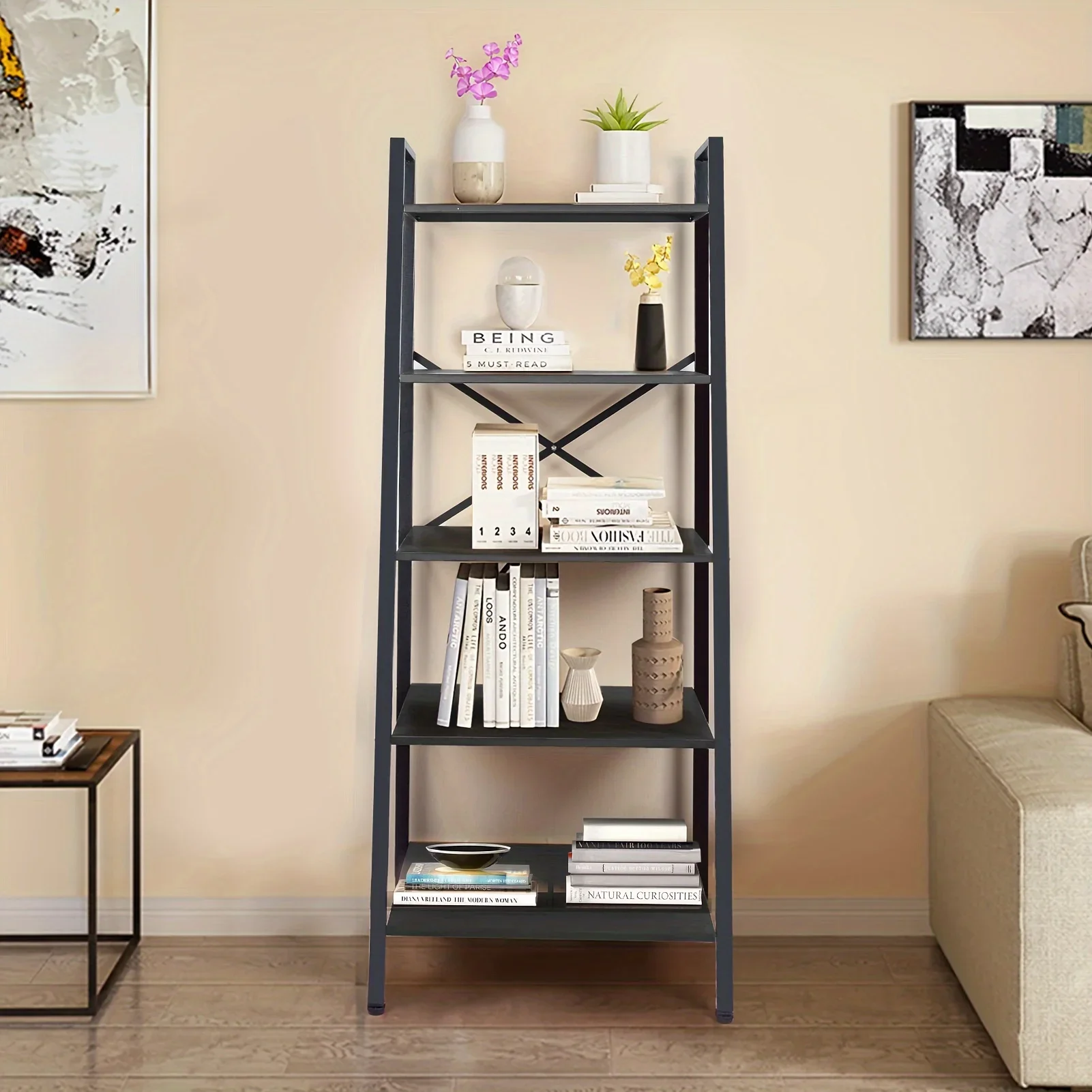 

Ladder Shelf, 5 Tier Ladder Bookshelf With Adjustable Feet, Industrial Style Freestanding Steel Plant Display Shelf,Storage Rack