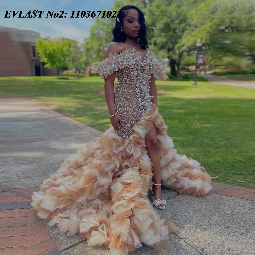 

EVLAST индивидуальное африканское платье русалки Aso Ebi для выпускного вечера с высоким разрезом и бисером с цветочными оборками вечернее платье Robe De Soiree E2P116