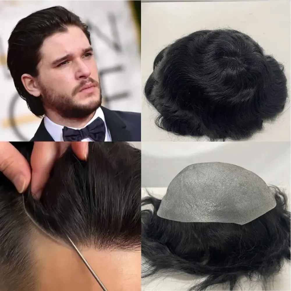 

Natural Hairline Super Thin Skin Base Men's Toupee V-looped Real Human Hair Mens Hair Piece 8x10 Inch PU Base Hair 0.02-0.03mm