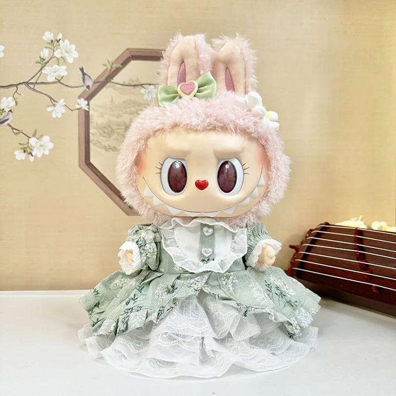 For Doll Clothes Suitable For 38cm Mokoko Green Floral Palace Dress Set Hair Clip Accessories Creative Design Toy Labubu Clothes