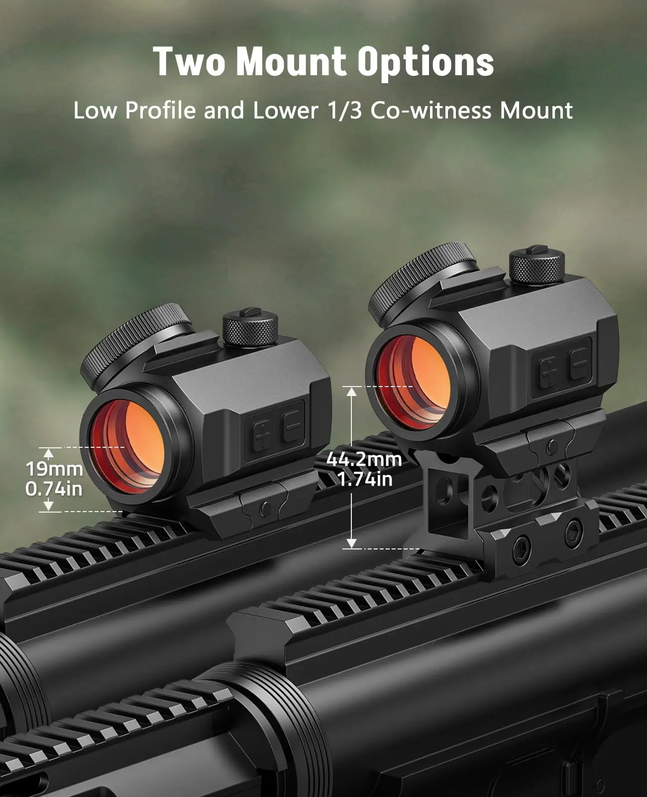 MidTen Rife Scope Red Dot 2 Pemandangan Refleks MOA Dapat Diisi Ulang dengan Riser Co-Witness 1/3 Bawah Kompatibel dengan Rel Picatinny 21Mm