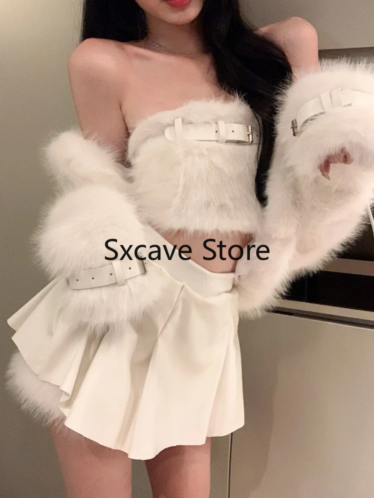 Sexy 3 Piece Skirt Set Women Casual Long Sleeve Coat + Bodycon Tube Tops + Sweet Mini Skirt Evening Party Clothing 2023 Autumn