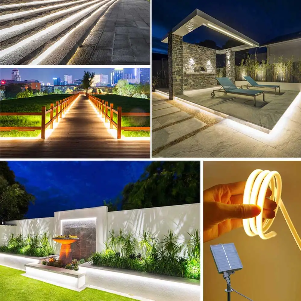 DC 24V COB Solar Neon Light Strips Elastyczne światła Wodoodporne IP67 Ciepła biel 1m 2m 3m 4m 5m Taśma LED do dekoracji ogrodu