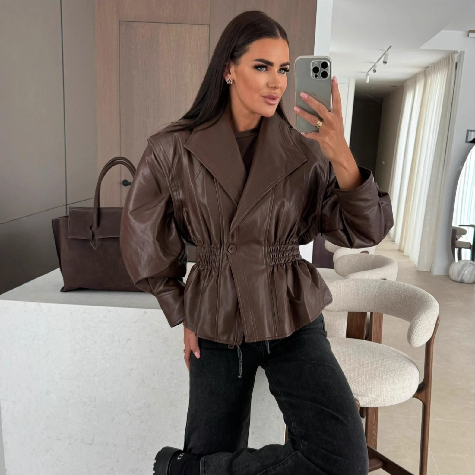 

Vintage Wide Lapel Leather Trench Coats Women Washed Distressed PU Leather Jacket Elegant Fitted Waist Spring Autumn Outerwears