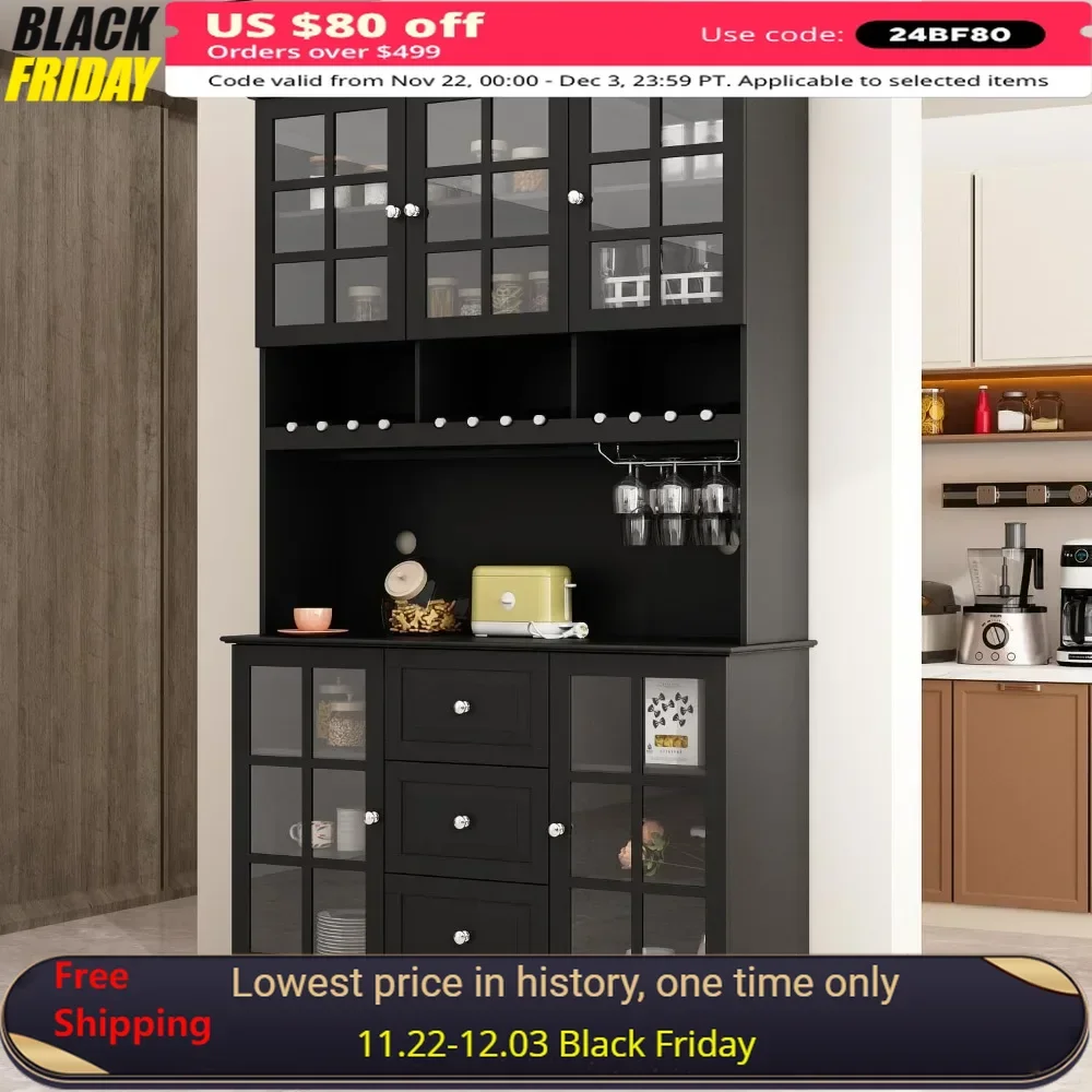 

Kitchen Cabinet Glass Doors Storage Kitchen Pantry 3 Drawers & Microwave Shelf Pantry Furniture Freestanding