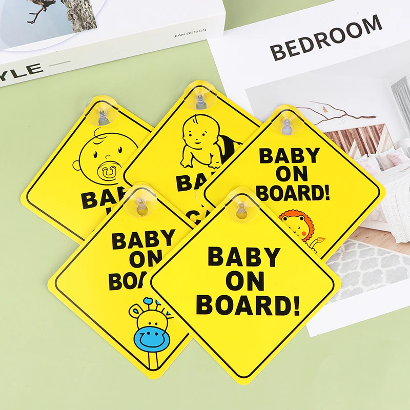 Baby On Board Sign with Suction Cup Car Window Yellow REFLECTIVE Warning Sign 12cm Safety Driving Accesorios