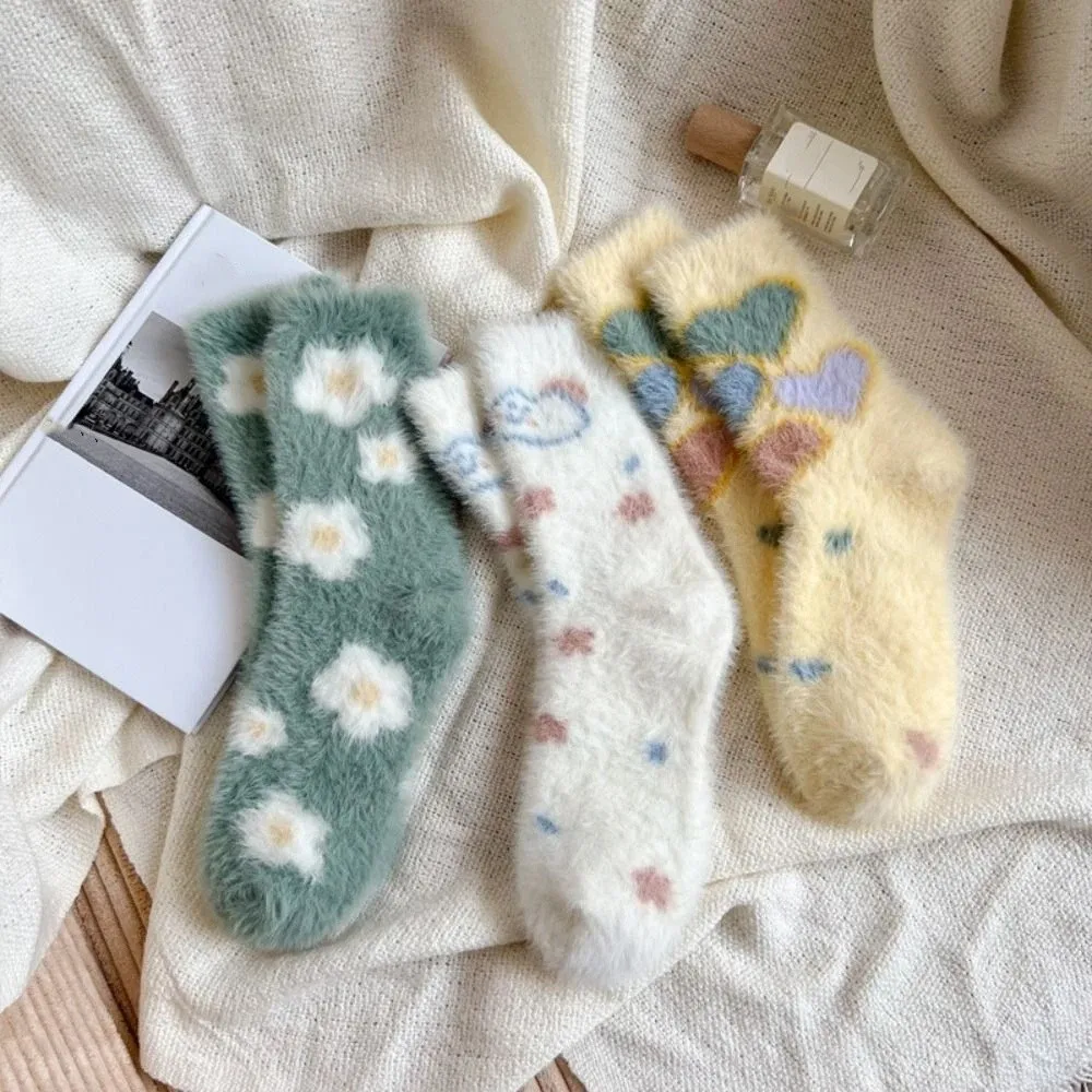 

5Pairs Fashion Cartoon Mink Fur Socks Soft Pile Up Sleeping Socks Women Sweet Funny Thicken Warm Socks Girls