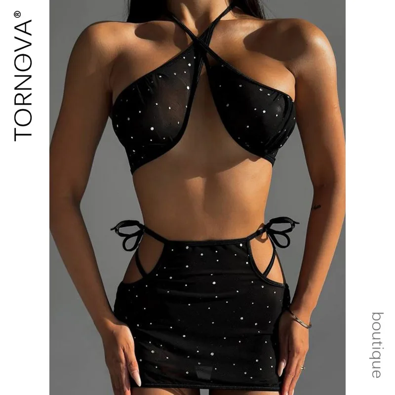 

Tornova сексуальное нижнее белье с лямкой на шее, трусики в стиле пэчворк, женские тонкие трусики с глубоким вырезом и бантом на шнуровке для девочек, интересное нижнее белье, разделенный комплект