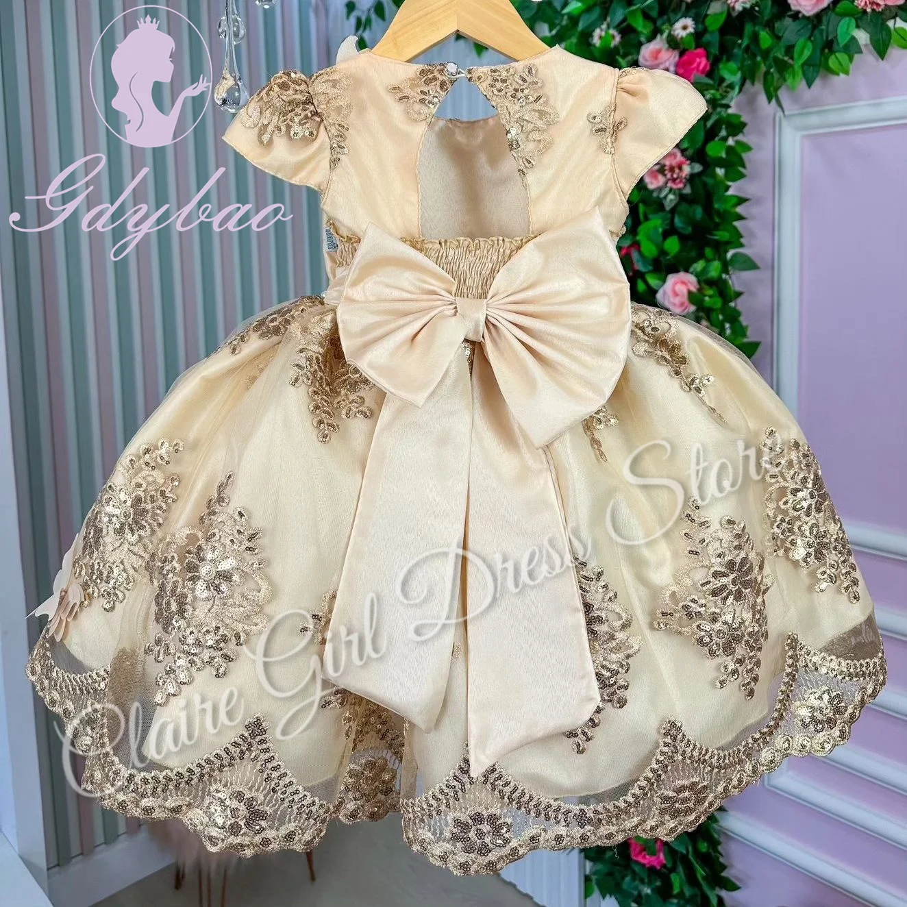 Personalizado Elegante Flor Menina Vestidos Para Apliques De Casamento Borboletas Com Arco Kids Birthday Party Primeira Comunhão Vestido