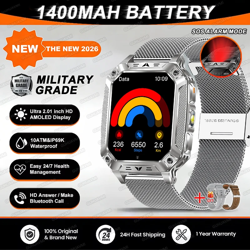 2026 TANK Nieuwe 1400mAh Militaire GPS Smart Watch Mannen 2.01 "AMOLED Scherm 10ATM Waterdichte Klok SOS Oproep Zaklamp Smartwatch iOS