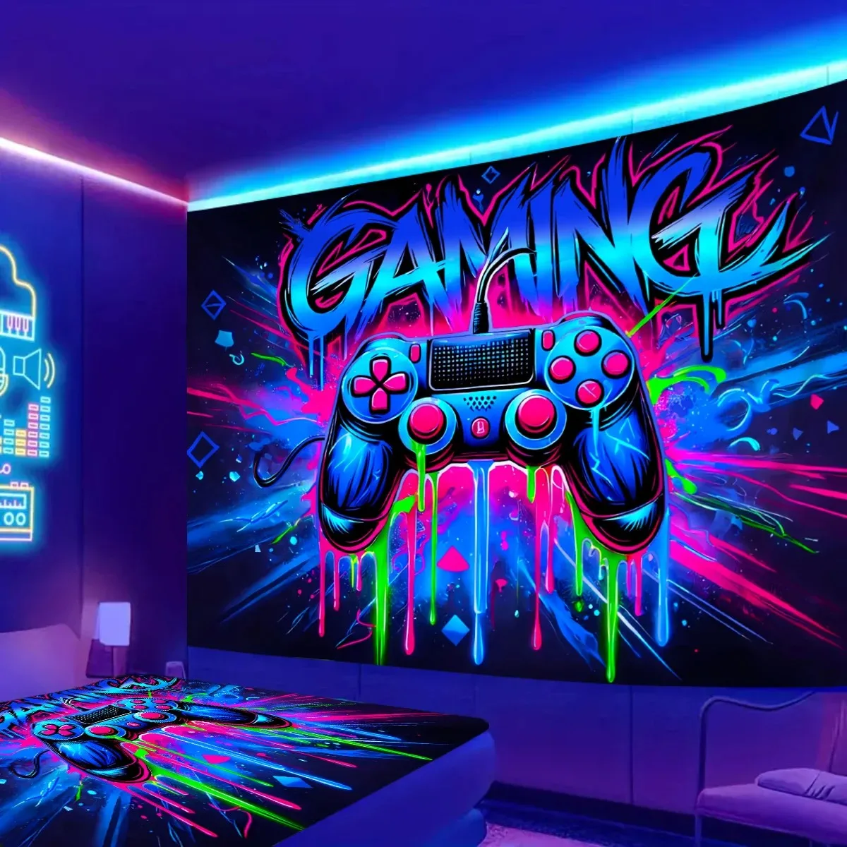 VIKAMA Neon Gaming Wandteppich Graffiti Schriftart mit Neongriff Paint Drip Design Wandteppich Gaming Room Feature Wanddekoration
