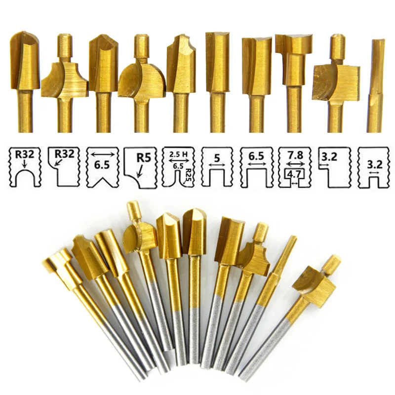 Hss Titânio Revestido Madeira Router Bits Files Mini Cortador de Madeira Moagem Fits Dremel Rotary Grupo Ferramenta de Carpinteiro com Case mm 10 Pcs