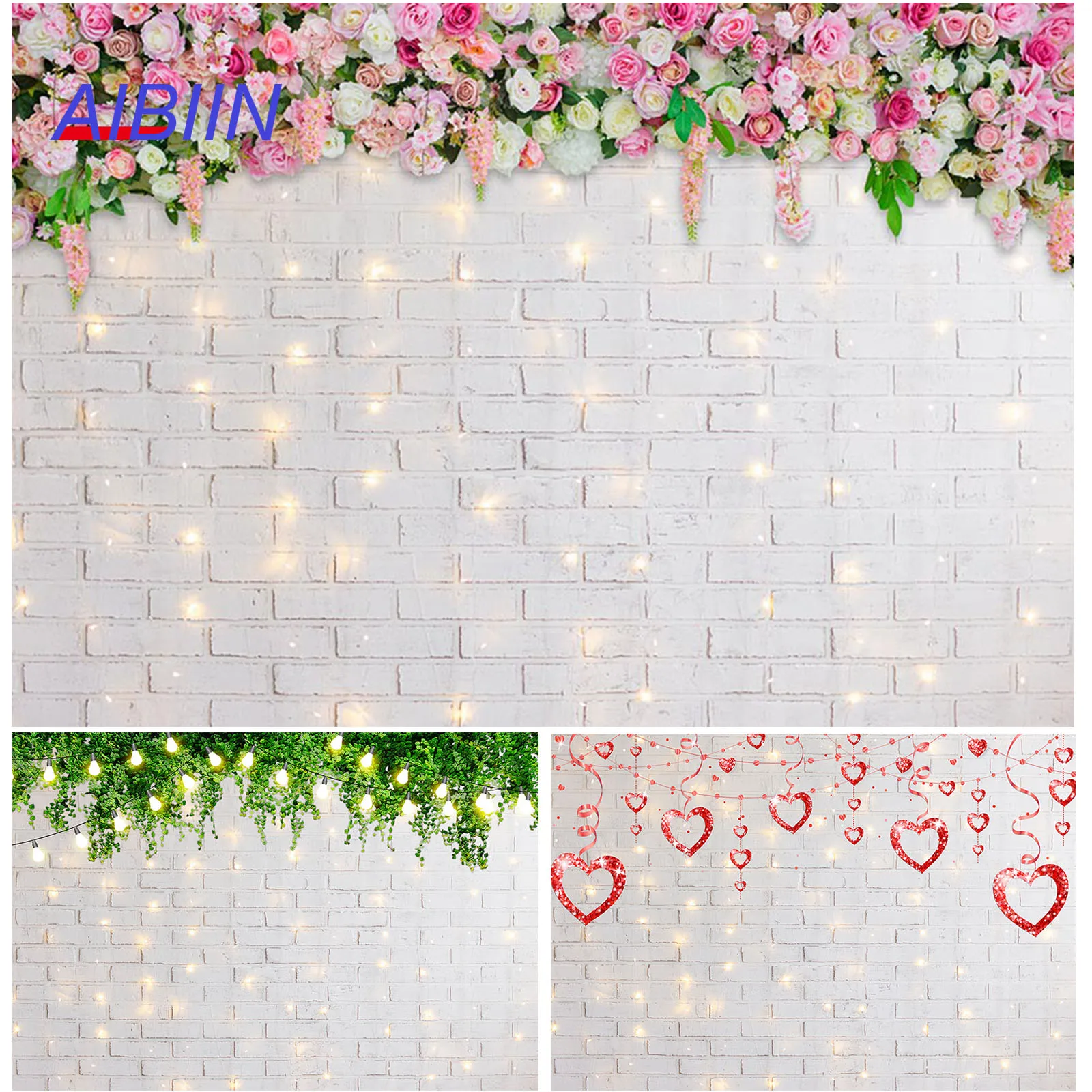 

White Brick Wall Photography Background Spring Floral Green Leaf Wedding Birthday Backdrop Party Decor Baby Shower Portrait