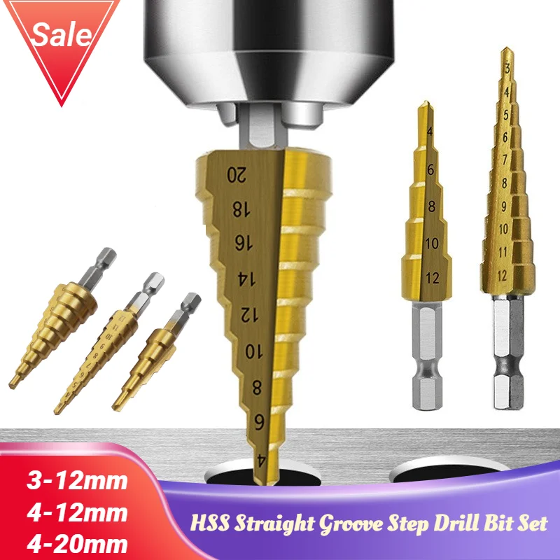 

3-12mm 4-12mm 4-20mm HSS Straight Groove Step Drill Bit Set Titanium Coated Wood Metal Hole Cutter Core Drill Bit Set