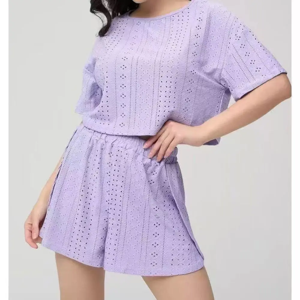 Womens Short Sleeve Pajamas Suit Summer Breathable Hollow Out T Shirt Shorts Set Casual Comfortable Lounge Wear