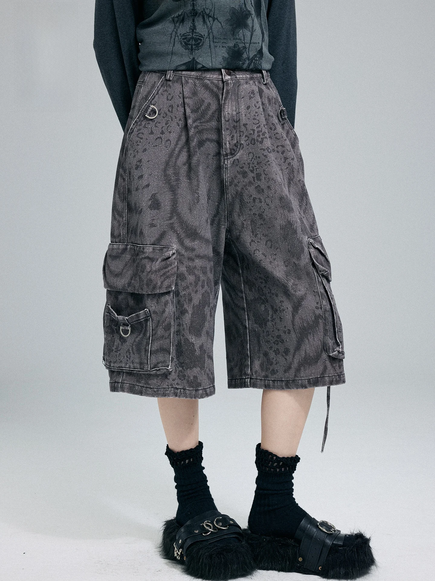 Original Street  Retro Leopard Print Workwear Shorts Washed Five-Point Loose Casual Pants Women's Summer Cotton Jeans