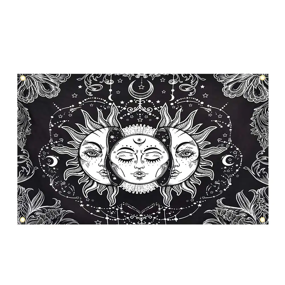 Drapeau soleil et lune 2x3 pieds, 3x5 pieds, motif psychédélique noir et blanc, tapisserie murale mystique, bannière pour décoration intérieure