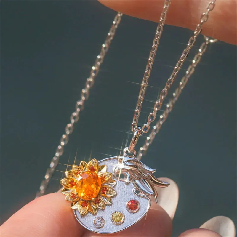 French Luxury Style Silver Color Multi Layer Imitation Orange Gemstone Three-dimensional Sunflower Color Palette Zircon Necklace