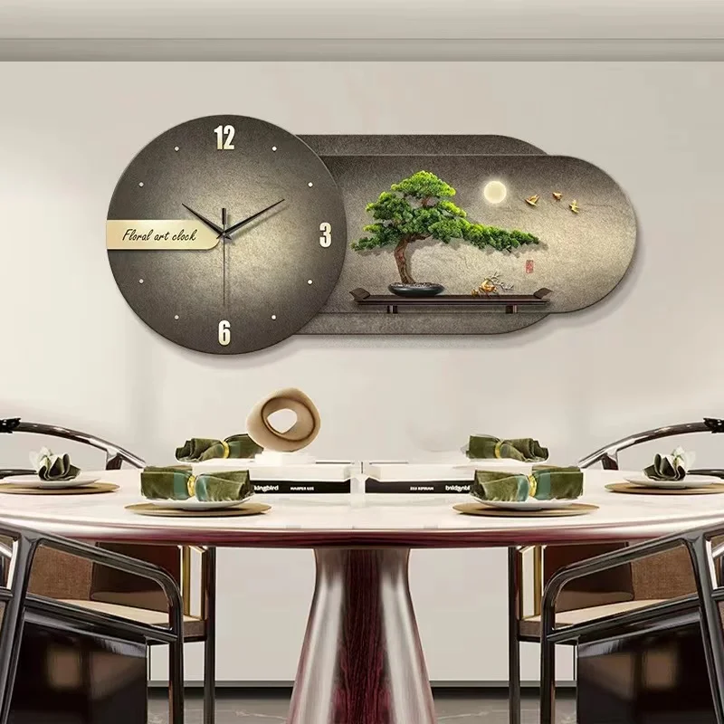 New Chinese style clock restaurant decoration painting restaurant wall clock painting welcomes guests pine wood living room LED