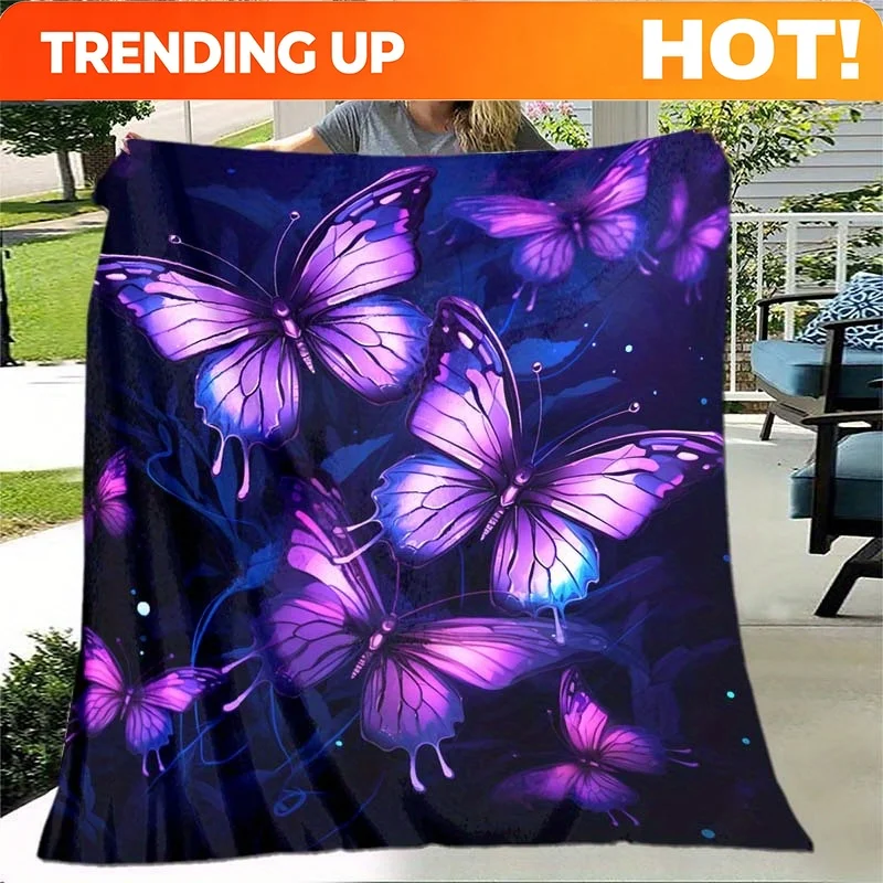 Customize 1pc Purple Butterfly Blanket For Home - Lightweight Flannel Throw For Sofa, Bed, Travel, Camping, Living Room, Office,