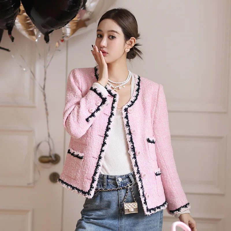 

2023 Autumn Winter Female Pink Tweed Jacket 10% Wool Coats Women Clothing Outwear