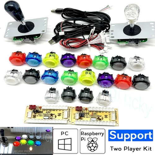 Kit de bricolaje de Joystick Arcade para 2 jugadores, Kit de juego de salón recreativo Raspberry Pi con botón pulsador, Joystick de estilo americano, Cables codificadores USB