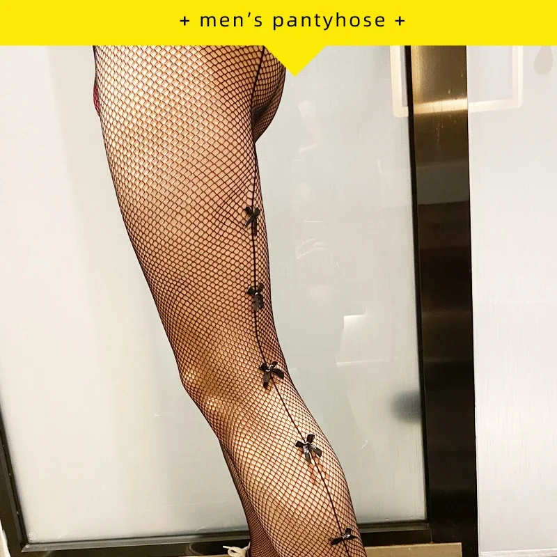 جوارب طويلة شبكية للرجال ، جوارب طويلة مثيرة للمثليين ، ملابس داخلية رجالية غريبة ، ملابس داخلية سيسي ، عقدة فيونكة ، أسود ، انخفاض الشحن ، موضة جديدة