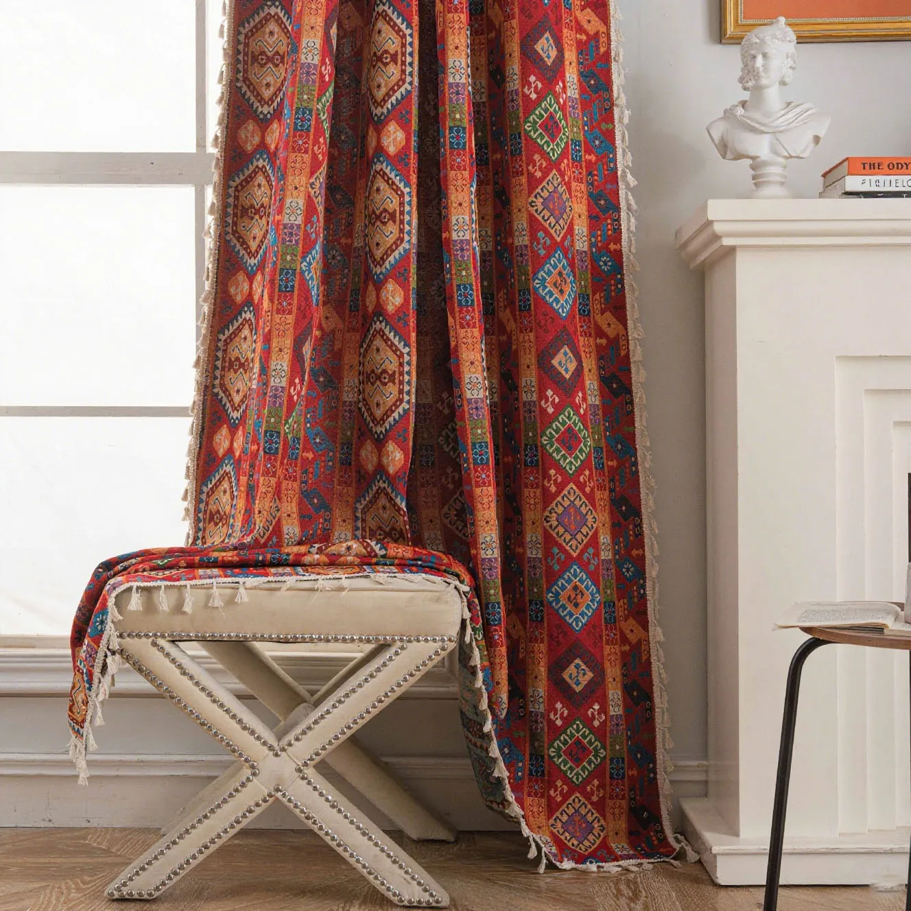 Bohemian Style Curtains Jacquard Geometric Tassel Curtain Finished Kitchen Valance Bedroom Living Room Semi-blackout Drapes