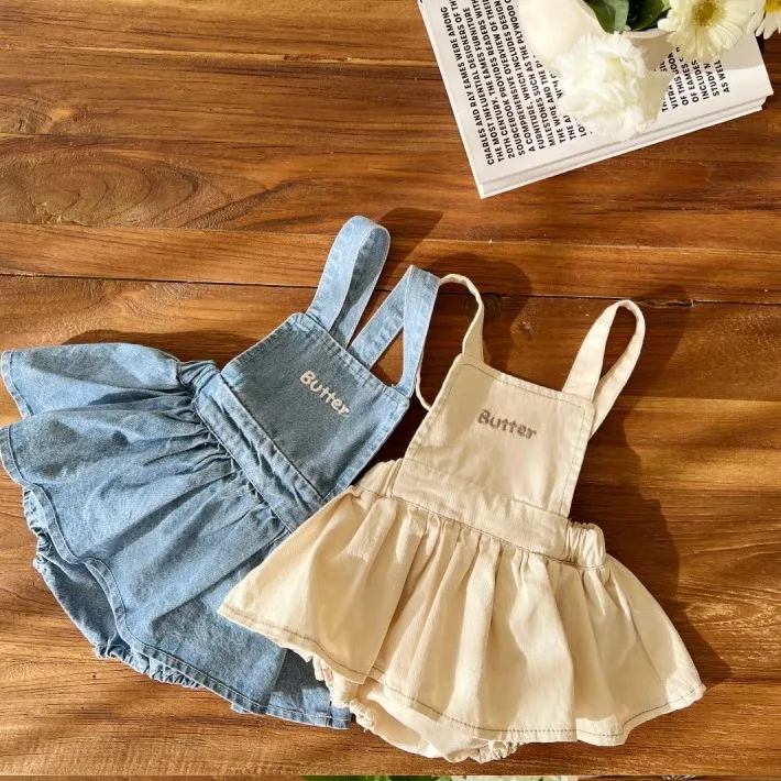 2024 Summer New Baby Girl Sleeveless Bodysuit Infant Toddler Letter Denim Strap Dress Girl Fashion Versatile Casual Dress 0-24M