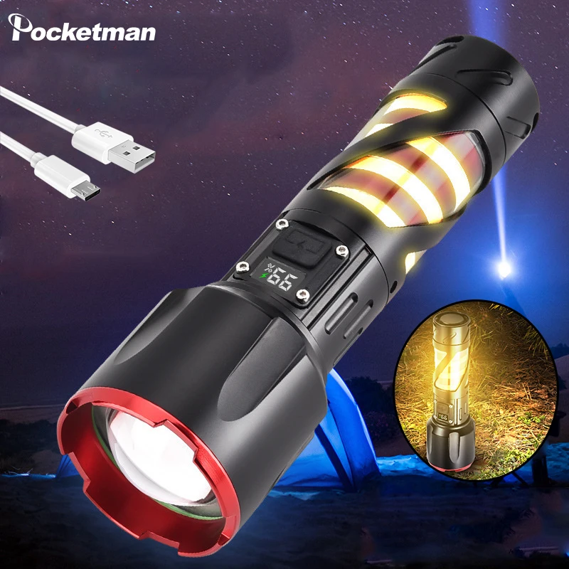

High Lumen LED Flashlight Portable Telescopic Zoom Torch with Side Lights USB Rechargeable Flashlights Outdoor Emergency Light