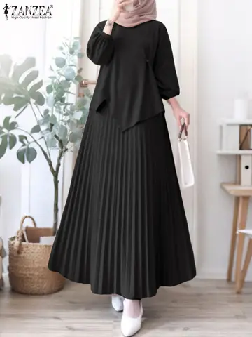 ZANZEA Plus Size Sets Women 2025 Autumn Matching Sets Elegant Long Sleeve Blouse Dress Sets Solid Tracksuit 2 Piece Muslim Suit