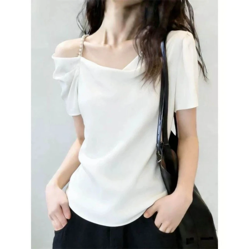 Temperament Women Clothing Off Shoulder Solid Simplicity Tops Summer New Short Sleeve Elegant All-match T Shirts Fashion Office