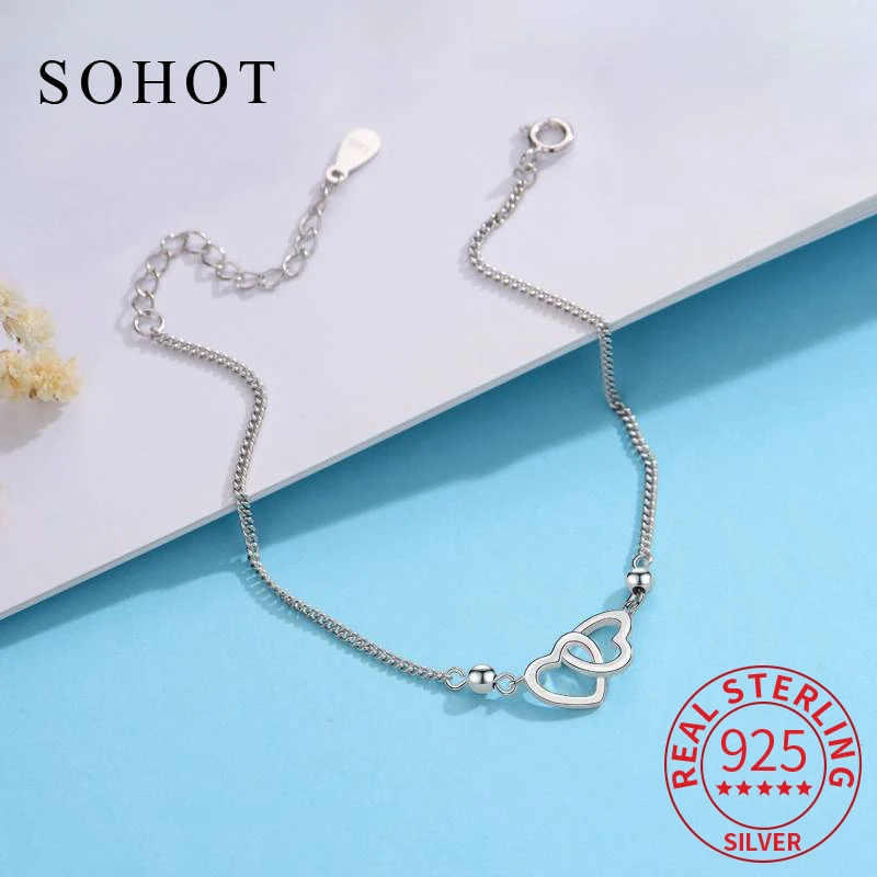 

Real 925 Sterling Silver Minimalist Hollow Heart Ajustable Charm Bracelet for Women Classic Fine Jewelry Exquisite Accessories