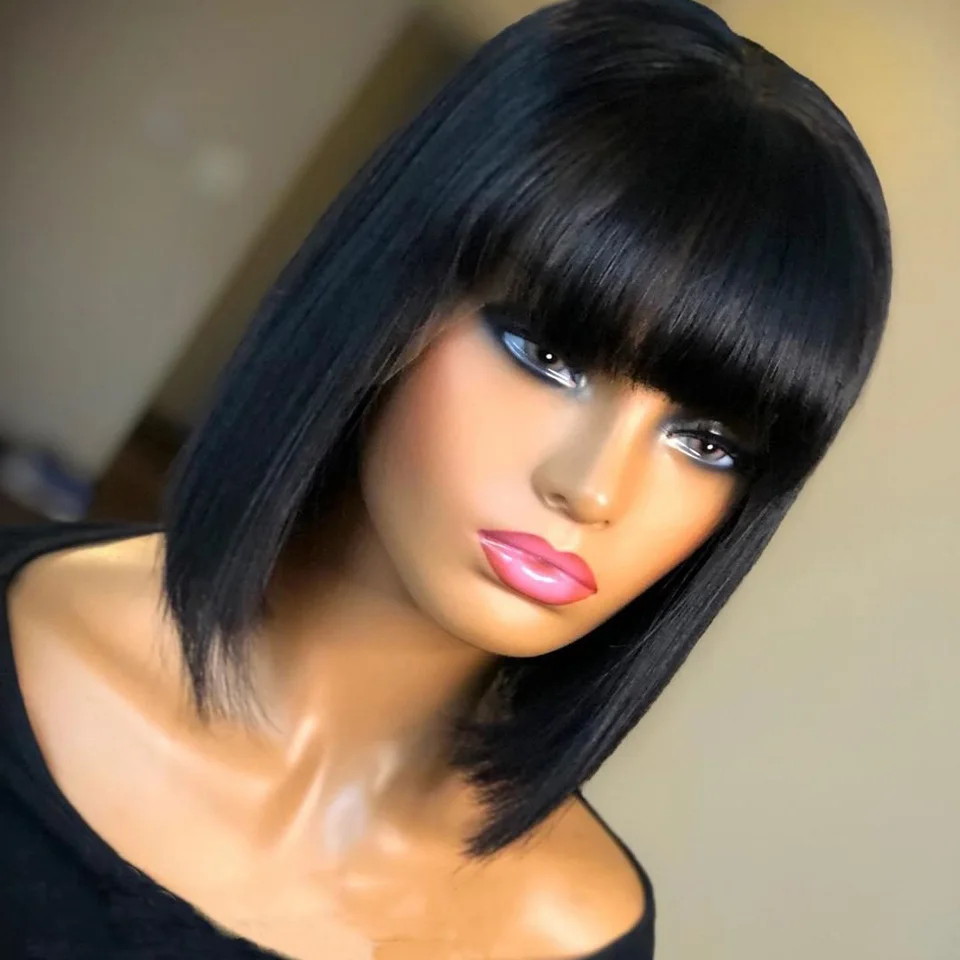 Short Straight Bob Wig With Bangs Brazilian Human Hair 200 density For Woman No Lace Full Machine Made Human Hair Wigs