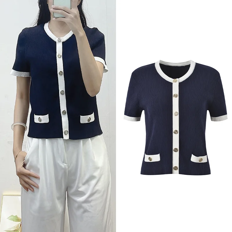 

Лето 2023, новинка Sle Color Blo, круглый, на одной пуговице, облегающий, моющийся, вязаный топ, женский, для поездок на работу