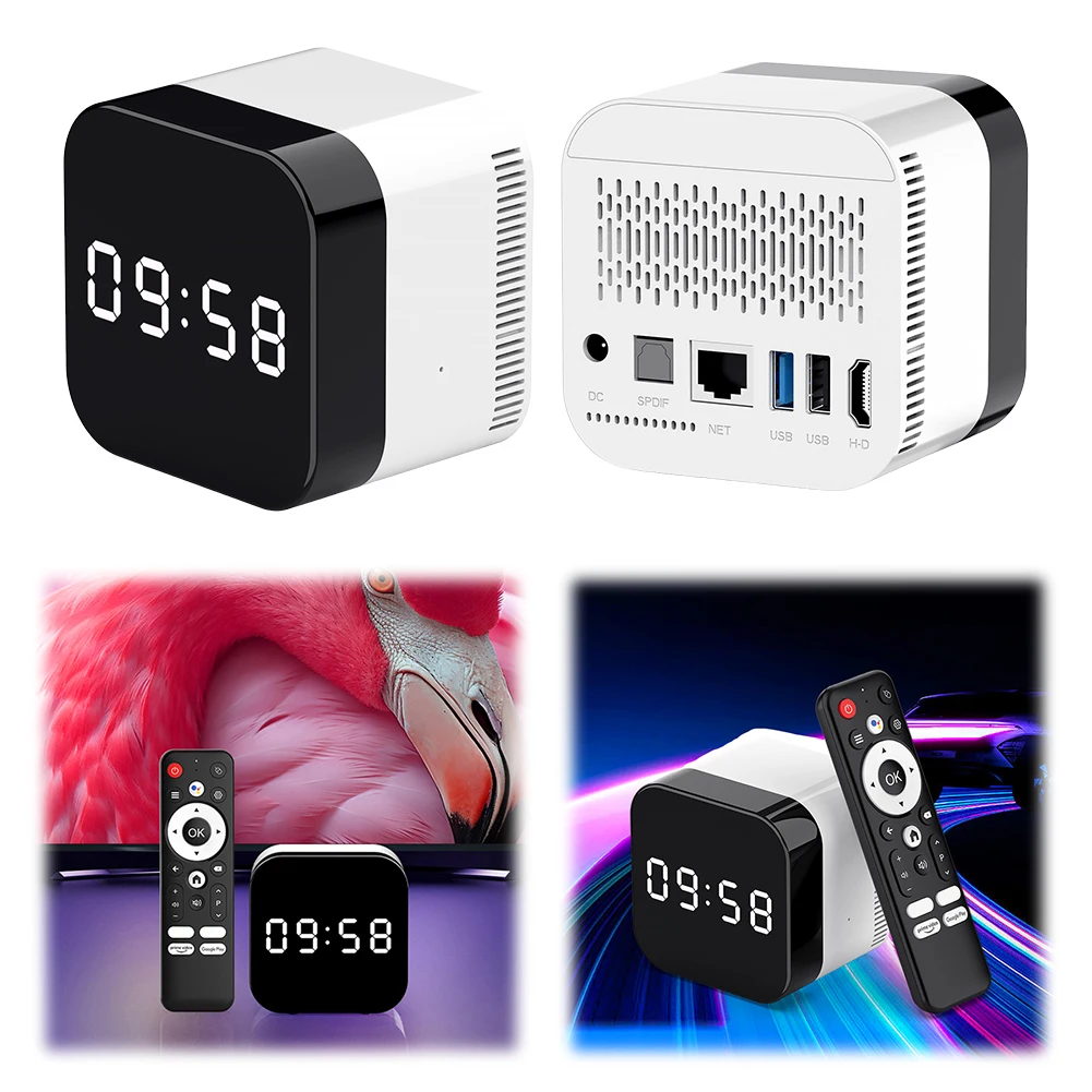 Smart TV Box Android 14.0 WIFI 6 BT 5.X Media Player 8K Alarm Clock Set Top Box with 2.4G Voice Remote Control