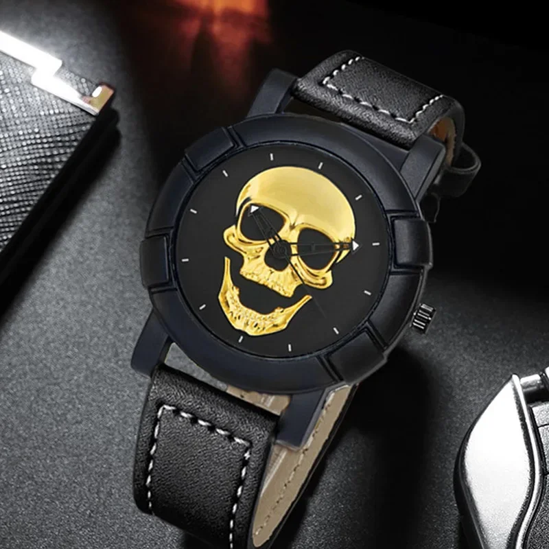 Luxury Mens Skull Watches Classic Men Business Leather Quartz Wristwatch Fashion Male Black Necklace Bracelet Watch