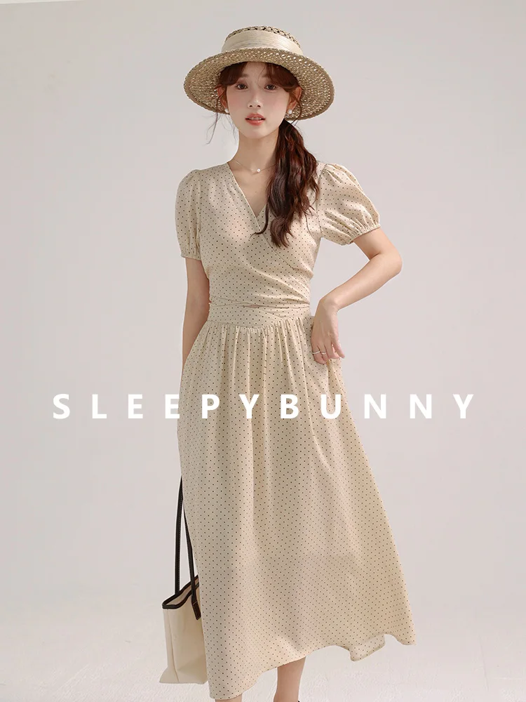 Women Polka Dot V-Neck Puff Sleeve Blouse & High Waist Midi Skirt Set Elegant Summer French Style Two Piece Outfit for Vacation