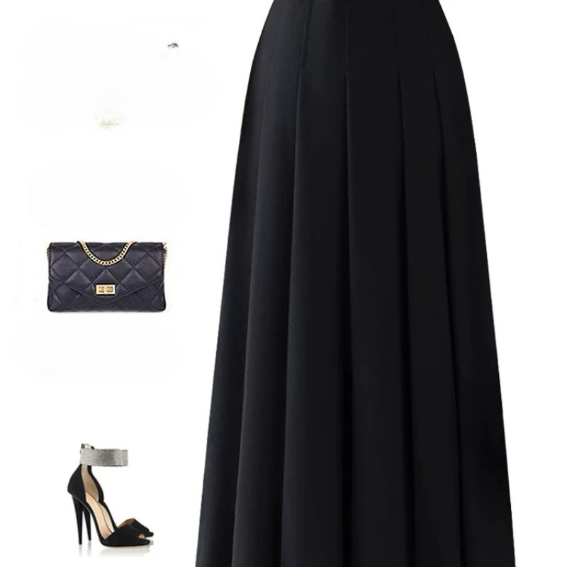 Female Elegant Vintage Pleated Maxi Long Skirt Women with Belt Korean Preppy Style High Waist Slim A-Line Pleated Skirts Q938