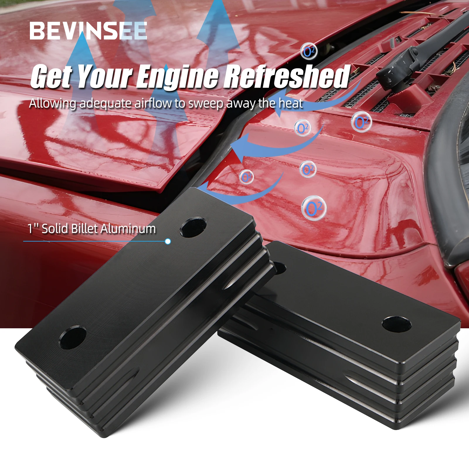 BEVINSEE Aluminum Front Hood Vent Space Riser Spacer Replacement For Jeep Cherokee XJ 1984-2001