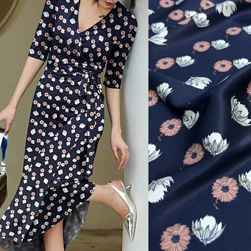 140CM Wide 20MM White Pink Floral Print on Dark Blue Twill Silk Fabric for Summer Pants Blouse Dress-Stretch Silk Fabric D1458