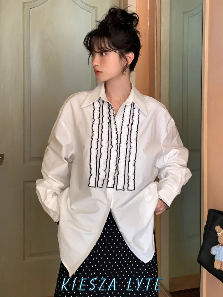 Women's Loose Fit Shirts Korean Long Sleeve Lotus Leaf Hem Summer 2024 White Blouse Woman clothing Tops traf camisa feminina