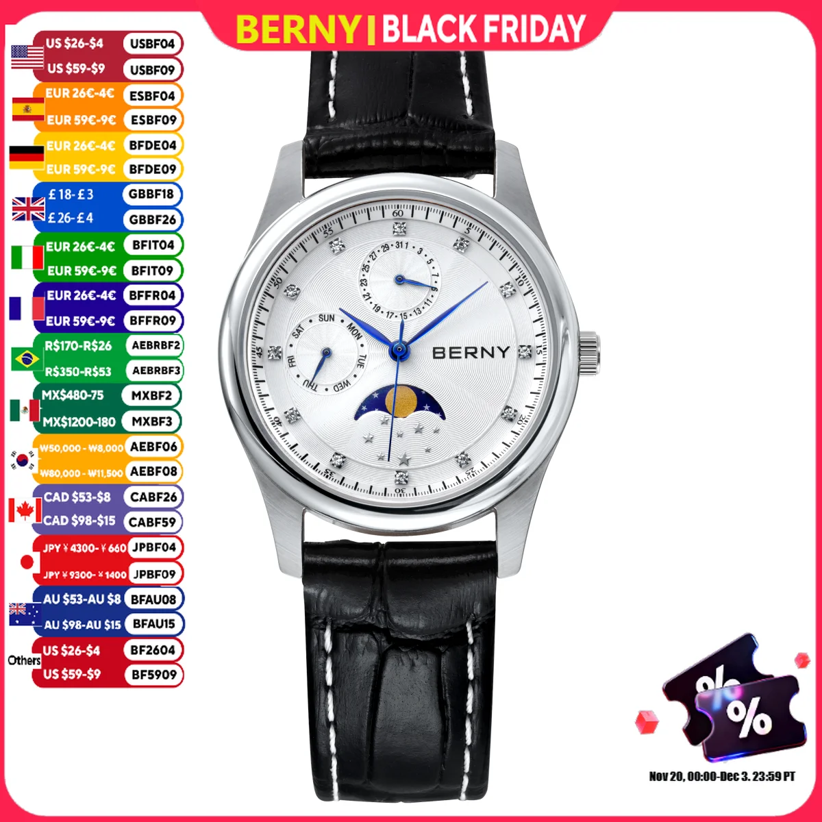 BERNY Damenuhren, Kalender, Datum, Woche, echte Mondphase, Quarz, Damenuhr, Lederarmband, elegante, lässige Damen- und Mädchen-Armbanduhr