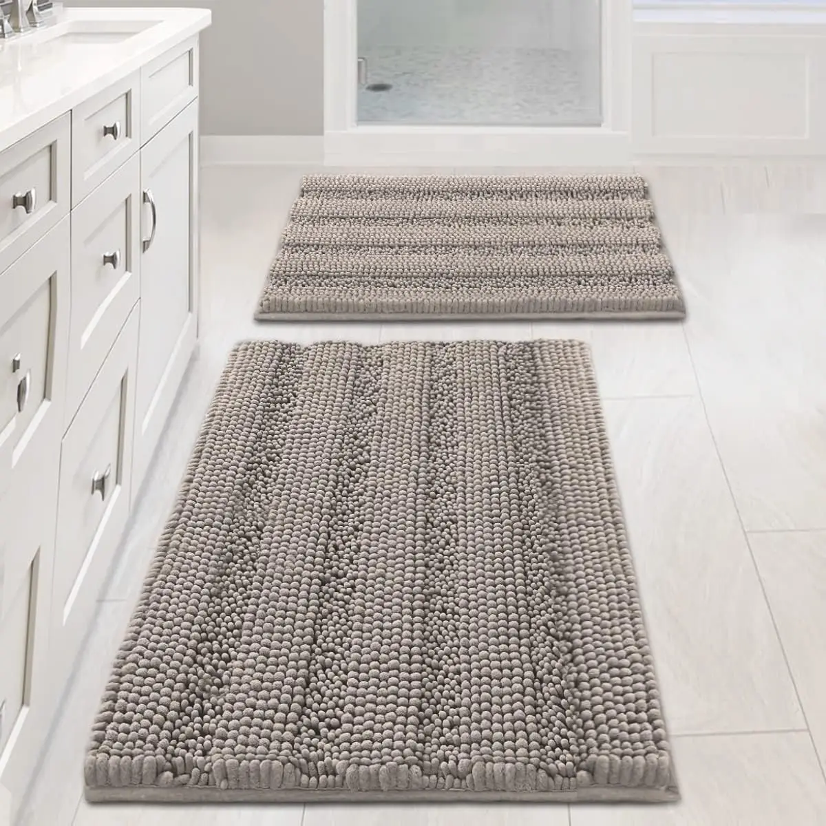 

Non-Slip Thick Shaggy Chenille Bathroom Rug Set, Extra Soft Absorbent Striped Floor Mats, 2-Piece Machine-Washable